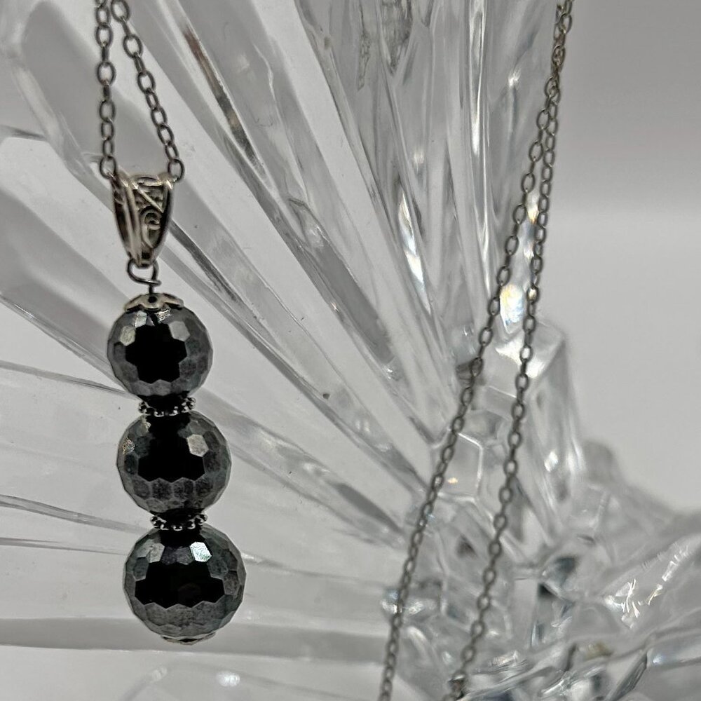 BLACK MOISSANITE 3-Bead Faceted Dangle Pendant. 22" Sterling Silver Chain